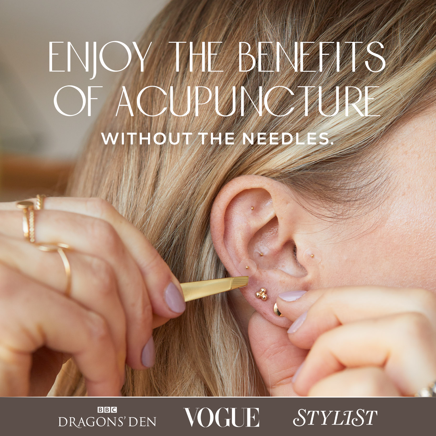 Person performing ear candling on herself with text about acupuncture alternatives.
