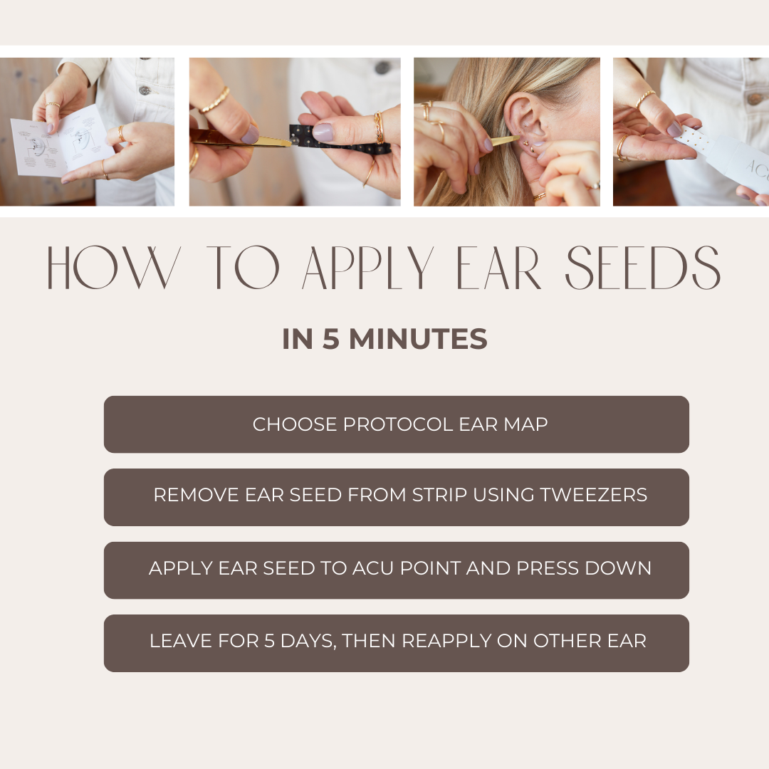 Step-by-step guide on how to apply ear seeds with text and images.