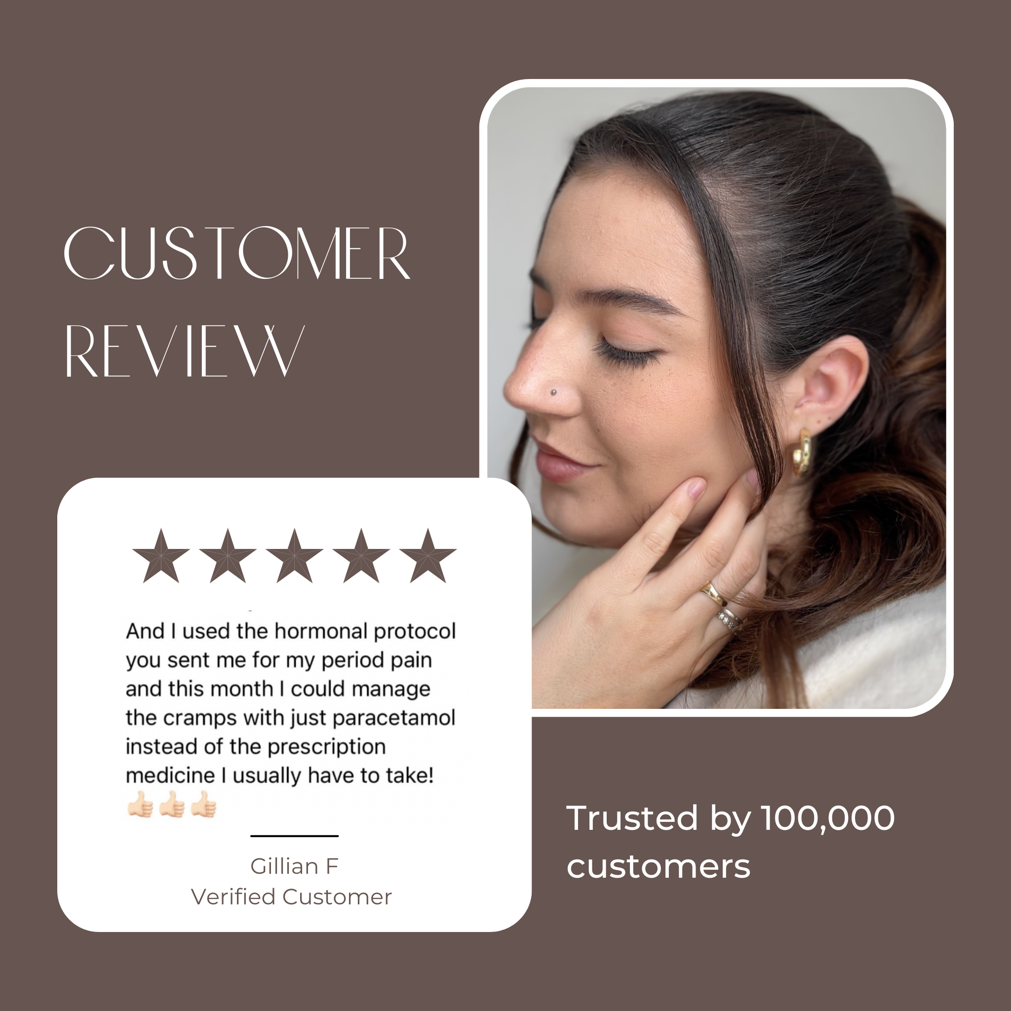 Customer review with a woman wearing an earring on a brown background