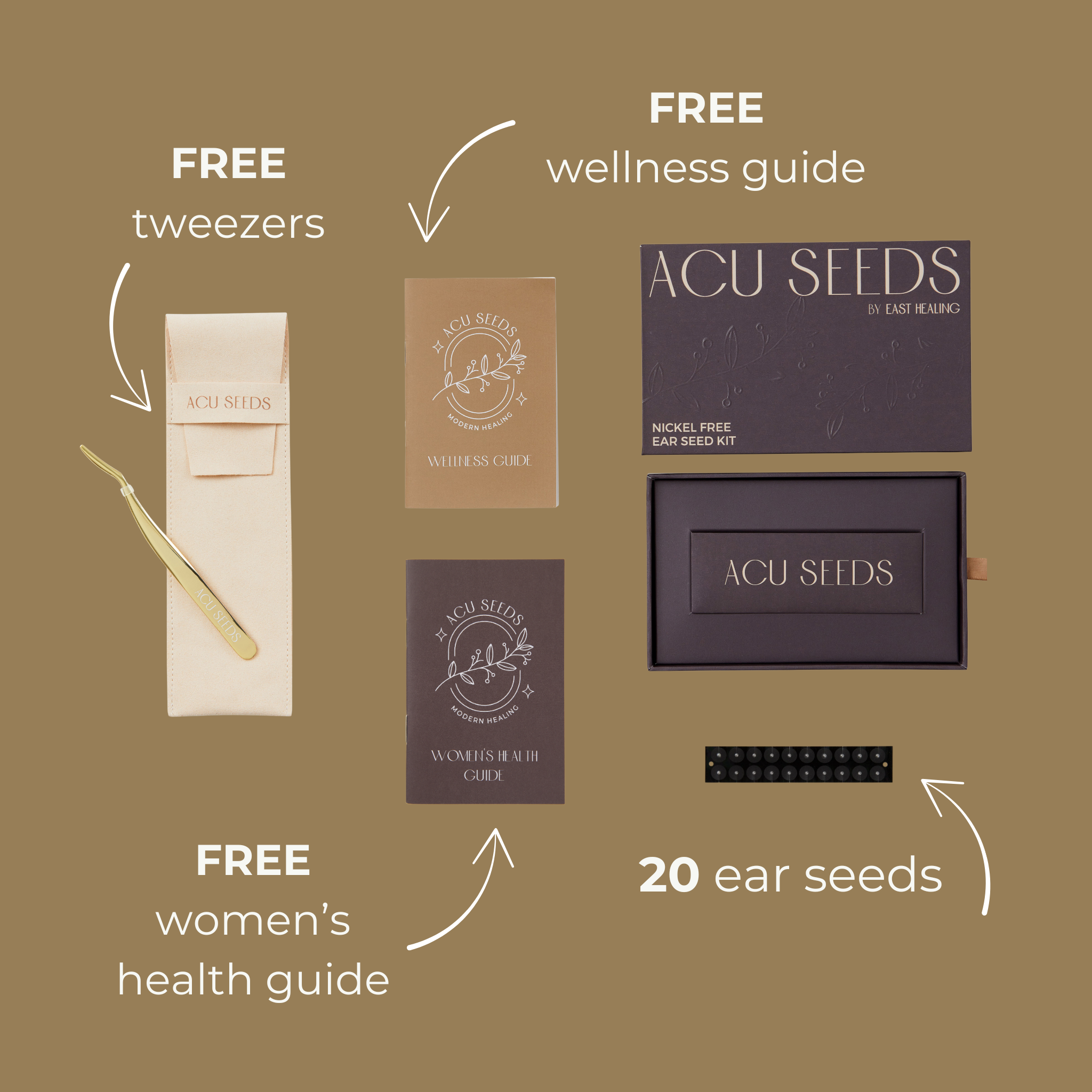 Promotional graphic for ACU SEEDS with freebies on a brown background